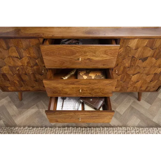 Buffet MYSTIC LIVING 145 cm en bois massif Sheesham – Finition stone avec rangement