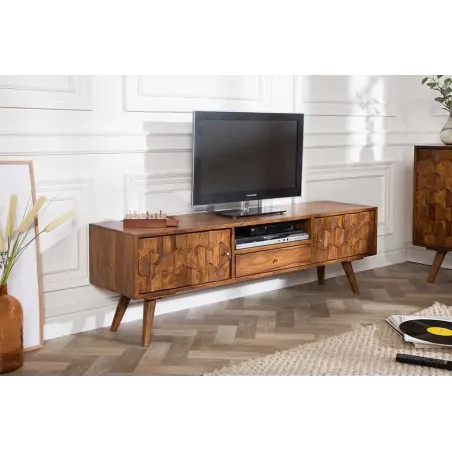 Meuble TV MYSTIC salon 140 cm en bois massif Sheesham – Finition stone 3D