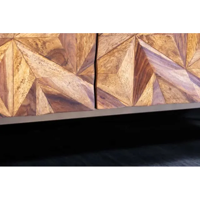 Sideboard en bois massif Sheesham 145 cm – Design 3D artisanal & pieds métal doré mat