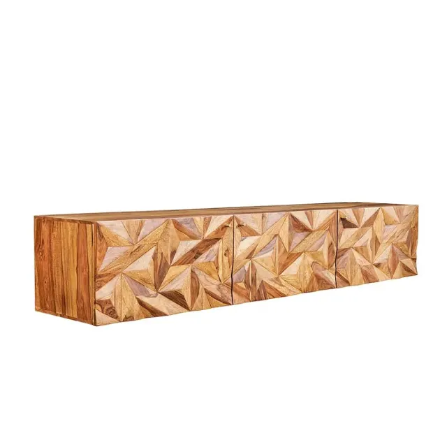Meuble TV suspendu en bois massif Sheesham 160 cm – Design 3D artisanal & poignées doré mat