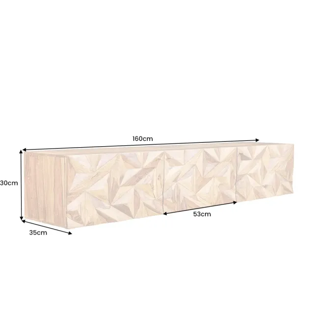 Meuble TV suspendu en bois massif Sheesham 160 cm – Design 3D artisanal & poignées doré mat