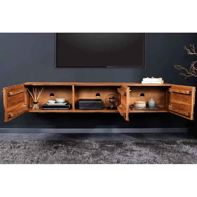 Meuble TV suspendu en bois massif Sheesham 160 cm – Design 3D artisanal & poignées doré mat