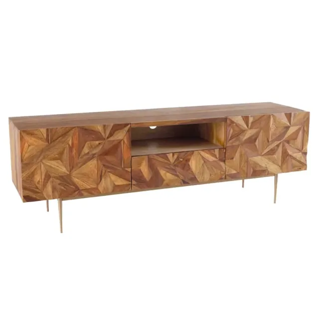 Meuble TV en bois massif Sheesham 160 cm – Design 3D artisanal & pieds doré mat