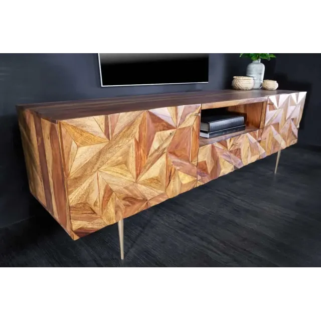 Meuble TV en bois massif Sheesham 160 cm – Design 3D artisanal & pieds doré mat