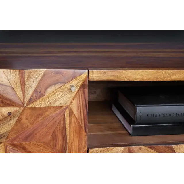 Meuble TV en bois massif Sheesham 160 cm – Design 3D artisanal & pieds doré mat