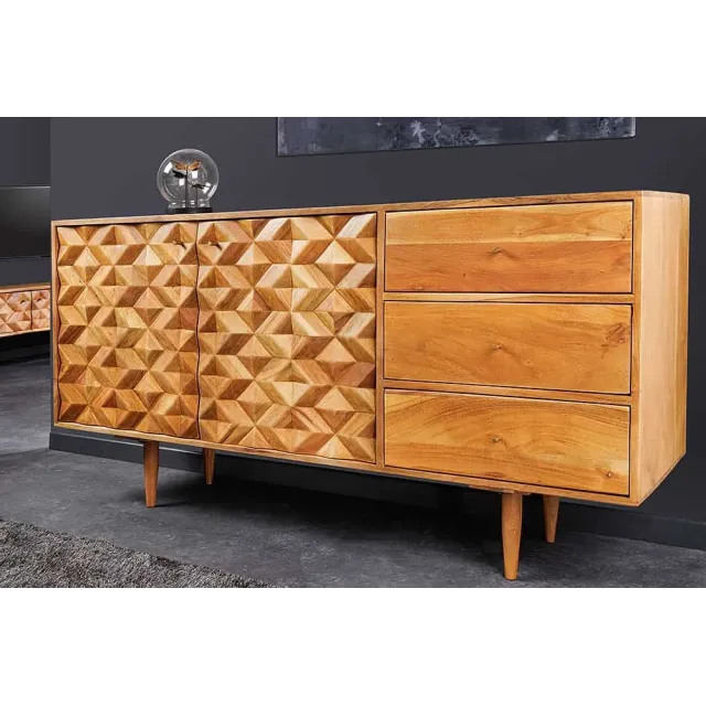 Buffet en bois massif d'acacia 145 cm – Finition miel, design rétro & poignées dorées