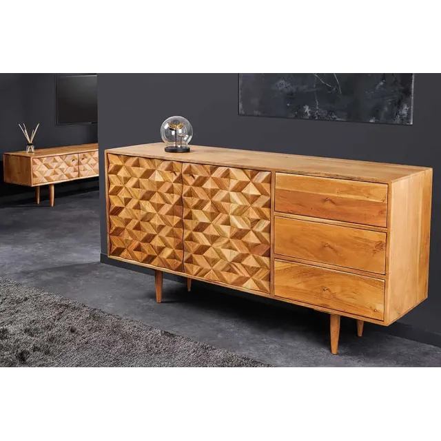 Buffet en bois massif d'acacia 145 cm – Finition miel, design rétro & poignées dorées