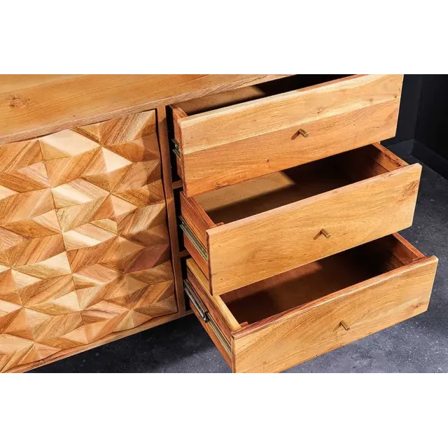 Buffet en bois massif d'acacia 145 cm – Finition miel, design rétro & poignées dorées