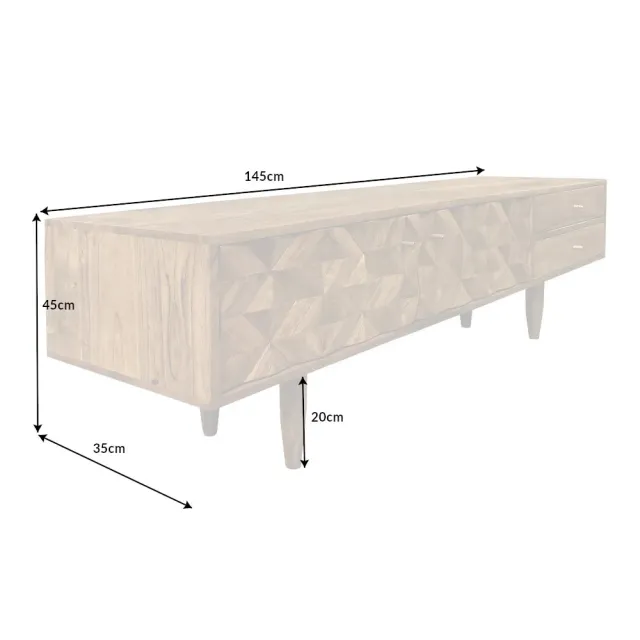 Meuble TV en bois massif d’acacia 145 cm – Finition miel rétro avec poignées dorées