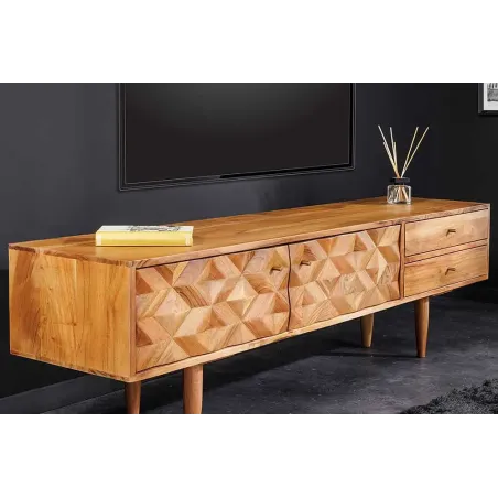 Meuble TV en bois massif d’acacia 145 cm – Finition miel rétro avec poignées dorées