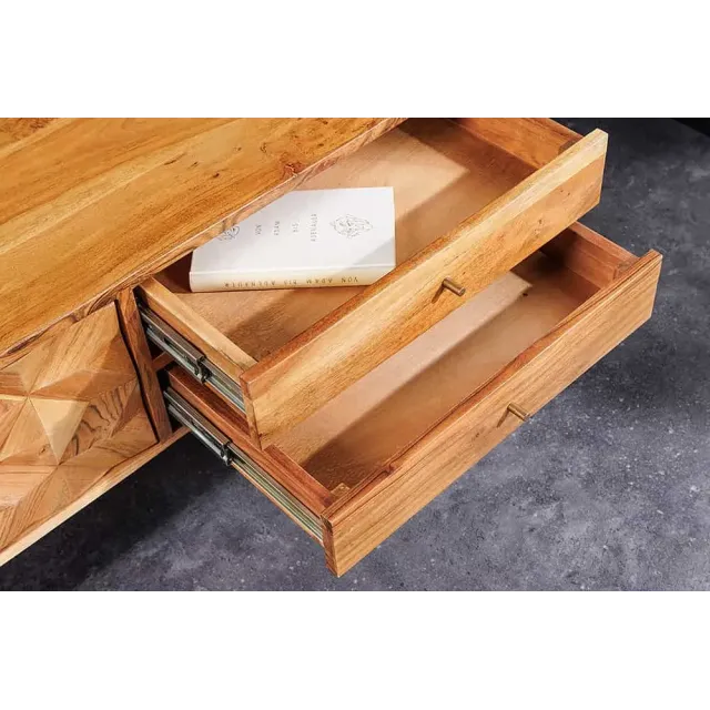 Meuble TV en bois massif d’acacia 145 cm – Finition miel rétro avec poignées dorées