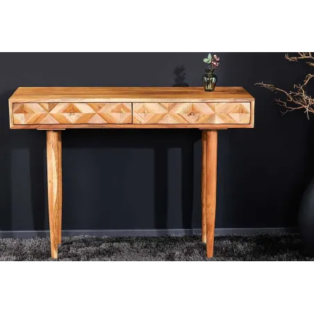 Console en bois massif d'acacia 105 cm – Finition miel rétro avec tiroirs et poignées dorées