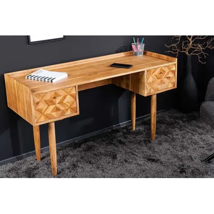 Bureau en bois massif d’Acacia 135 cm – Finition Miel avec tiroirs de rangement & design rétro 2