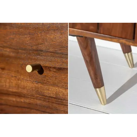 Meuble TV bas MYSTIC salon 140 cm – Bois massif d’acacia brun & détails dorés – Design rétro chic