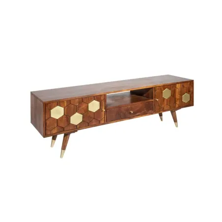 Meuble TV bas MYSTIC salon 140 cm – Bois massif d’acacia brun & détails dorés – Design rétro chic
