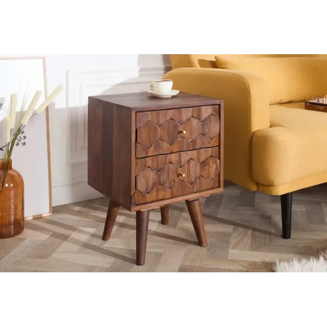 Table de chevet / Beistelltisch MYSTIC salon 40 cm – Bois massif d’acacia brun avec surface 3D sculptée à la main