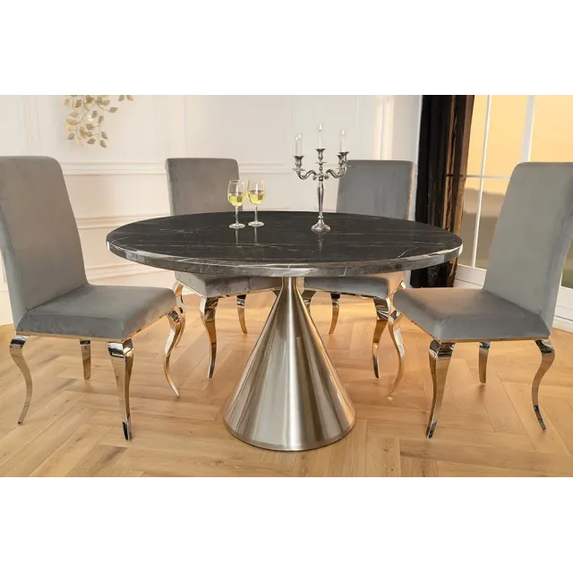 Table ronde ELEGANCIA 130 cm – Plateau en marbre noir et pied colonne en acier chromé