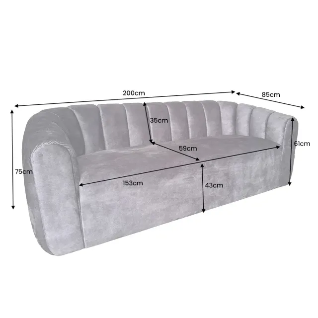 Canapé 3 places BABYLON 200 cm – Velours anthracite avec surpiqûres décoratives