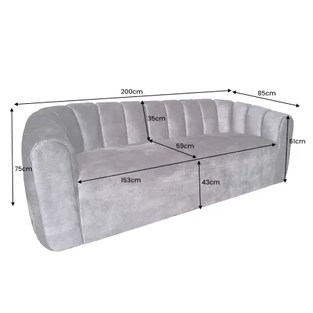 Canapé 3 places BABYLON 200 cm – Velours anthracite avec surpiqûres décoratives