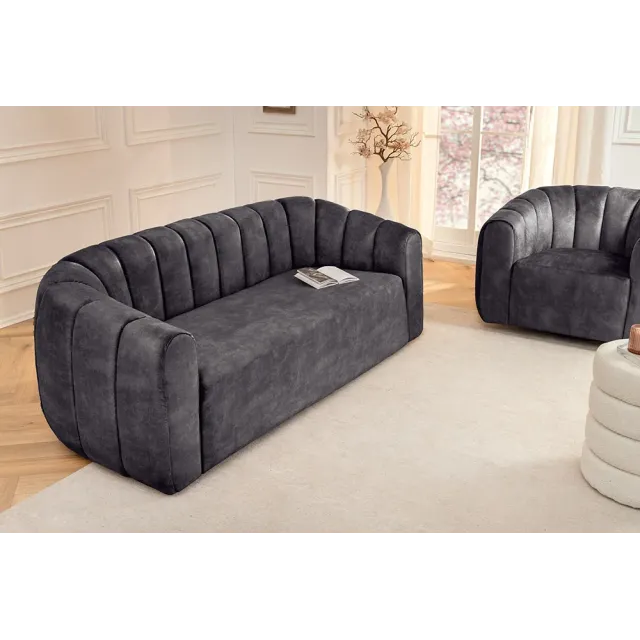 Canapé 3 places BABYLON 200 cm – Velours anthracite avec surpiqûres décoratives