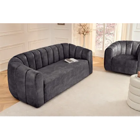 Canapé 3 places BABYLON 200 cm – Velours anthracite avec surpiqûres décoratives