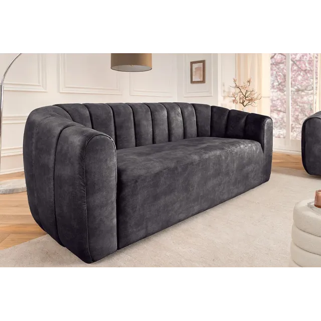 Canapé 3 places BABYLON 200 cm – Velours anthracite avec surpiqûres décoratives