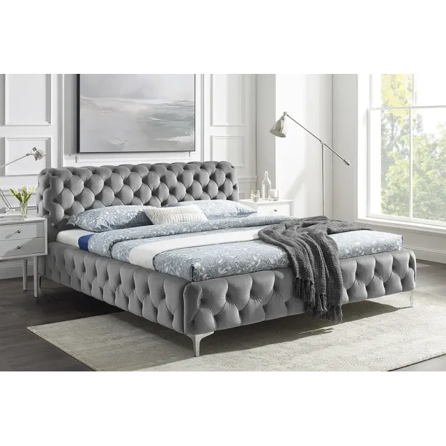 Lit double MODERN BAROCK 180x200 cm – Velours gris Chesterfield avec pieds argentés