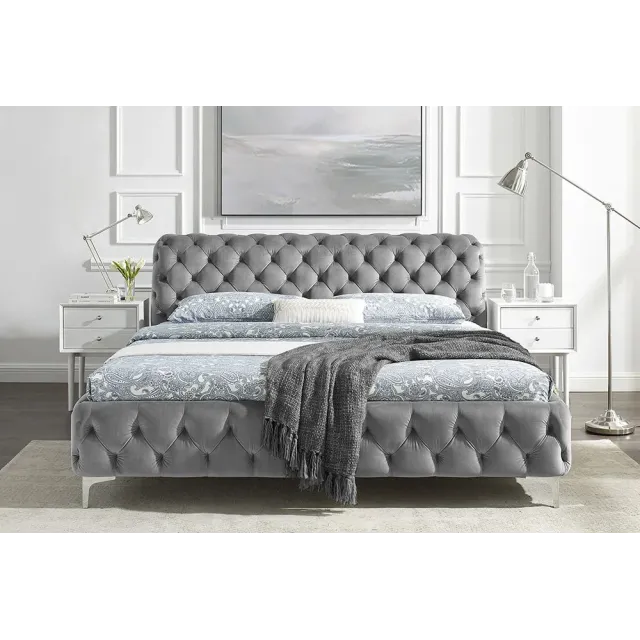 Lit double MODERN BAROCK 180x200 cm – Velours gris Chesterfield avec pieds argentés