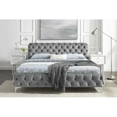 Lit double MODERN BAROCK 180x200 cm – Velours gris Chesterfield avec pieds argentés