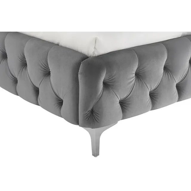 Lit double MODERN BAROCK 180x200 cm – Velours gris Chesterfield avec pieds argentés