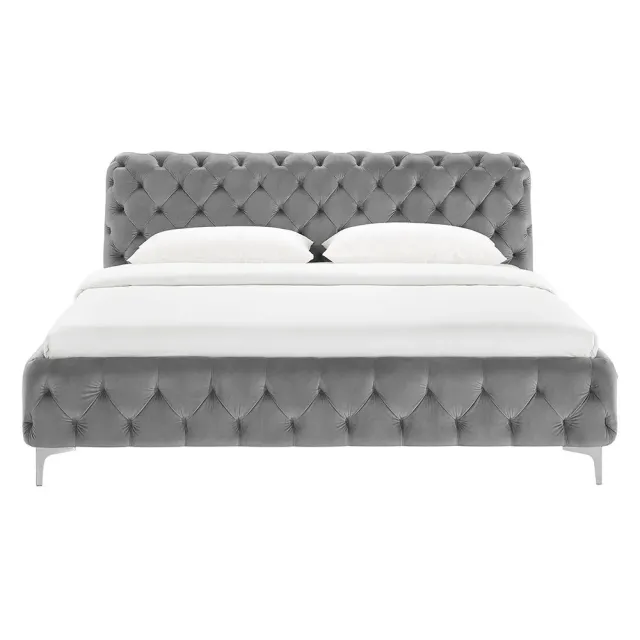 Lit double MODERN BAROCK 180x200 cm – Velours gris Chesterfield avec pieds argentés
