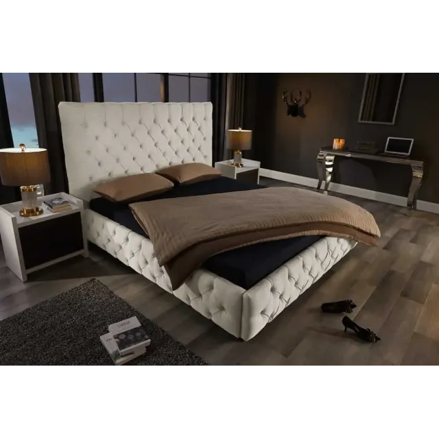 Design Boxbett PARIS 180x200cm – Lit double Chesterfield en lin beige