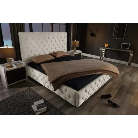 Design Boxbett PARIS 180x200cm – Lit double Chesterfield en lin beige