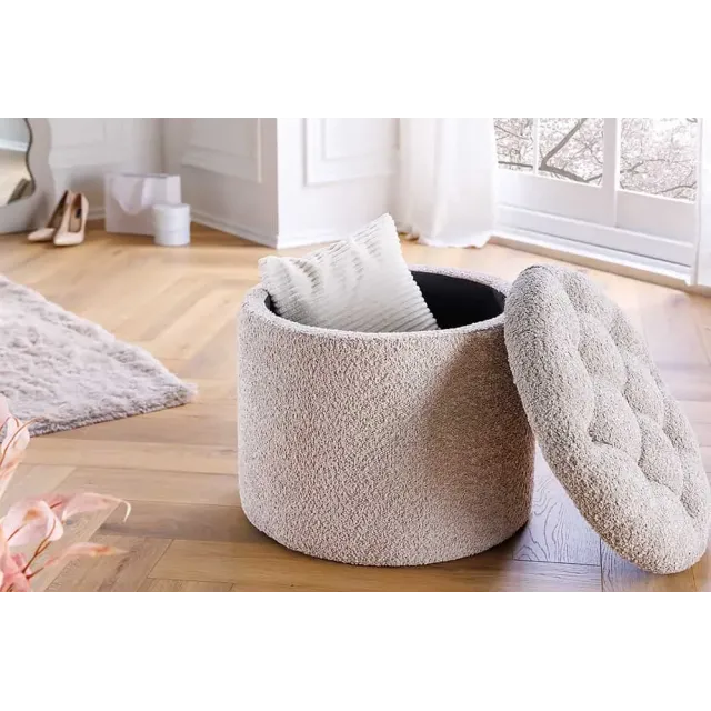 Pouf MODERN BAROCK 50cm – Pouf design champagner Bouclé avec espace de rangement