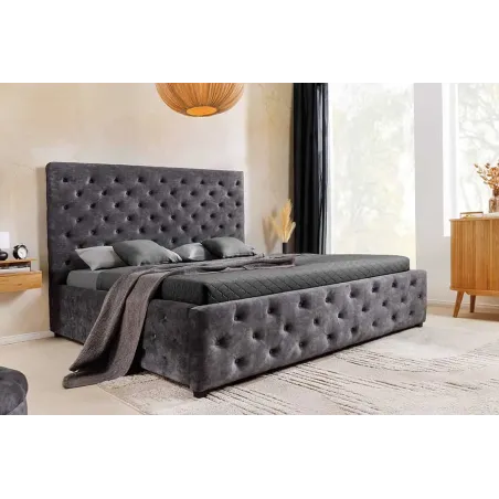 Boxbett PARIS 180x200cm – Lit coffre design Chesterfield en velours gris avec rangement intégré