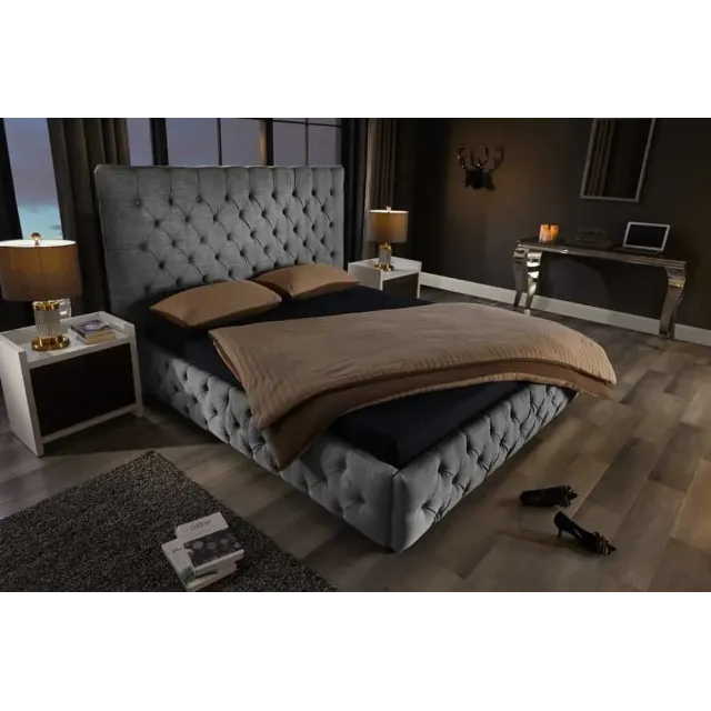 Design Boxbett PARIS 180x200cm – Lit double Chesterfield en lin gris avec cadre robuste