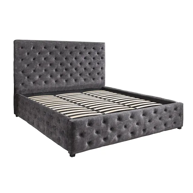 Boxbett PARIS 160x200cm – Lit double Chesterfield en velours gris avec rangement intégré