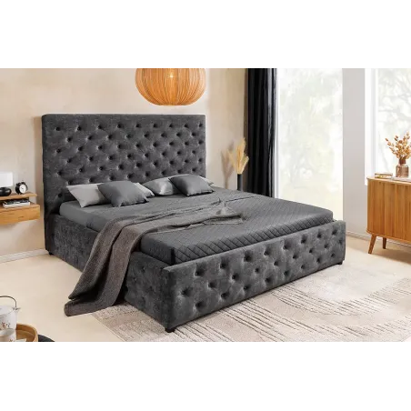 Boxbett PARIS 160x200cm – Lit double Chesterfield en velours gris avec rangement intégré