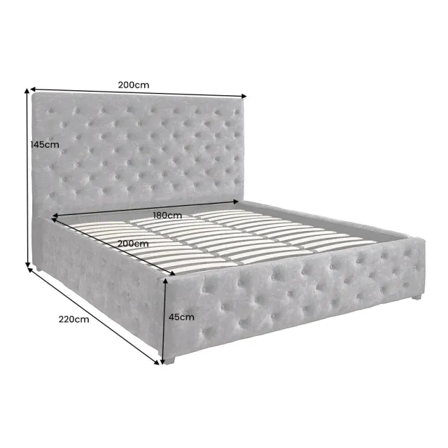 Boxbett PARIS 180x200cm – Lit double Chesterfield en velours gris avec coffre de rangement, matelas et topper inclus