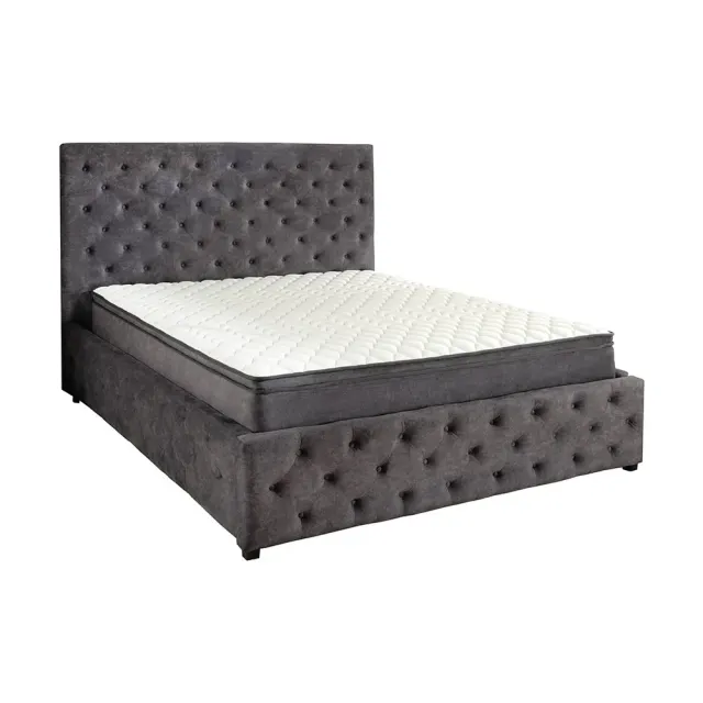 Boxbett PARIS 180x200cm – Lit double Chesterfield en velours gris avec coffre de rangement, matelas et topper inclus