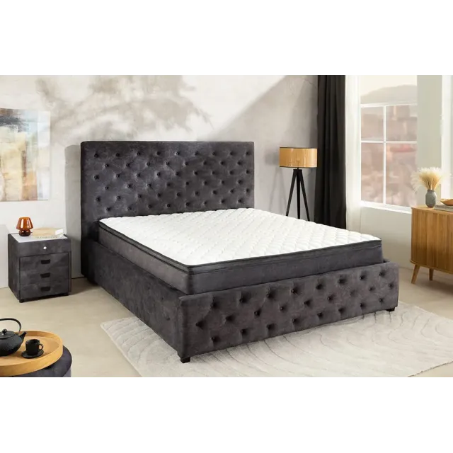 Boxbett PARIS 180x200cm – Lit double Chesterfield en velours gris avec coffre de rangement, matelas et topper inclus