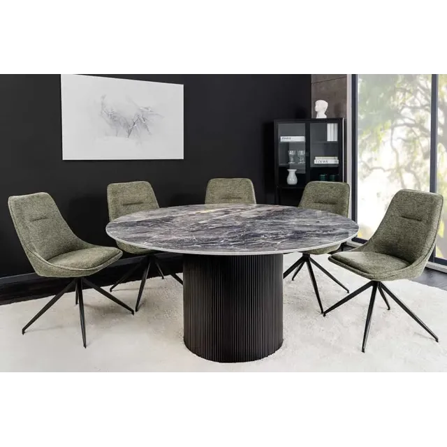 Table à manger ronde UNIQUE Ø120 cm – Plateau en céramique noire effet marbre & pied colonne