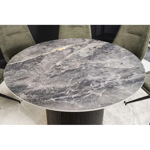Table à manger ronde UNIQUE Ø120 cm – Plateau en céramique noire effet marbre & pied colonne