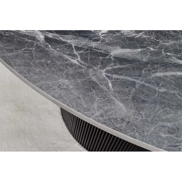 Table à manger ronde UNIQUE Ø120 cm – Plateau en céramique noire effet marbre & pied colonne