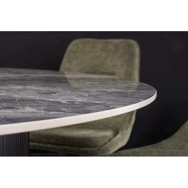 Table à manger ronde UNIQUE Ø120 cm – Plateau en céramique noire effet marbre & pied colonne