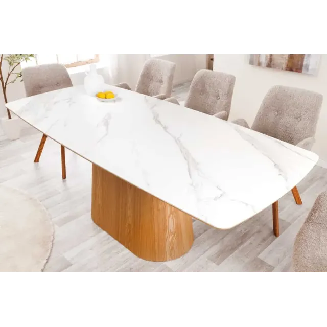 Table à manger design UNIQUE 200 cm – Plateau en céramique blanc effet marbre & pied colonne en chêne