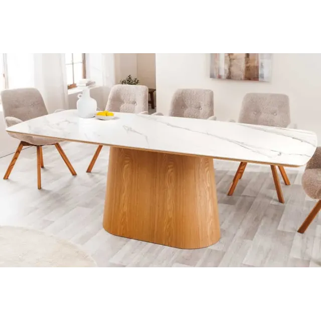 Table à manger design UNIQUE 200 cm – Plateau en céramique blanc effet marbre & pied colonne en chêne