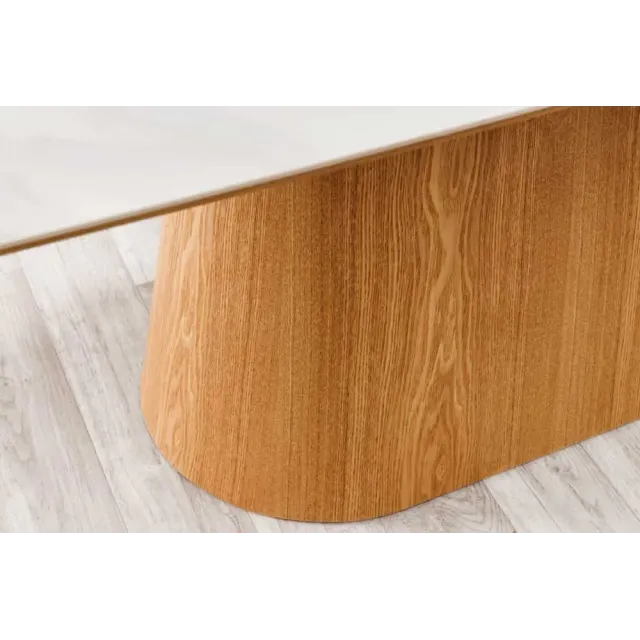 Table à manger design UNIQUE 200 cm – Plateau en céramique blanc effet marbre & pied colonne en chêne