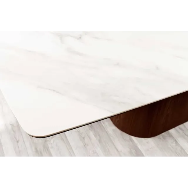 Table à manger design UNIQUE 200 cm – Plateau céramique blanc effet marbre & pied colonne noyer