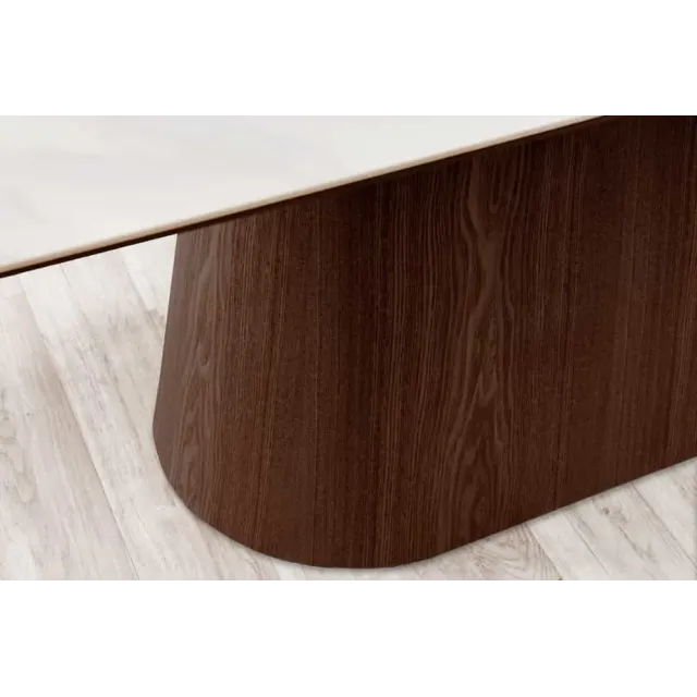 Table à manger design UNIQUE 200 cm – Plateau céramique blanc effet marbre & pied colonne noyer